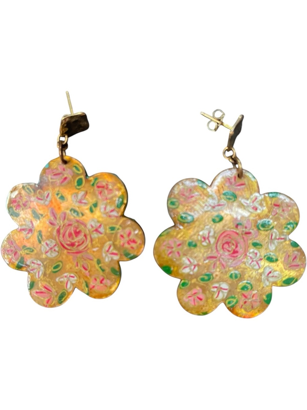 Chan Luu Hand-Painted Mother of Pearl Flower Earrings Green Floral